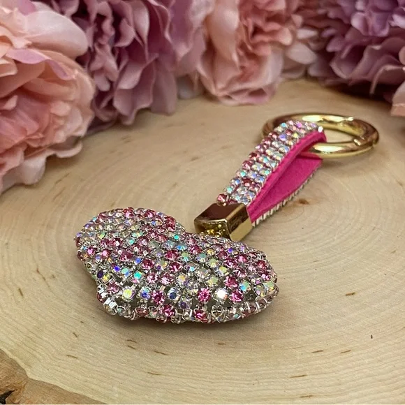 Chic Multicolor Pink Crystal & Leather Heart Keychain - Picture 7 of 11